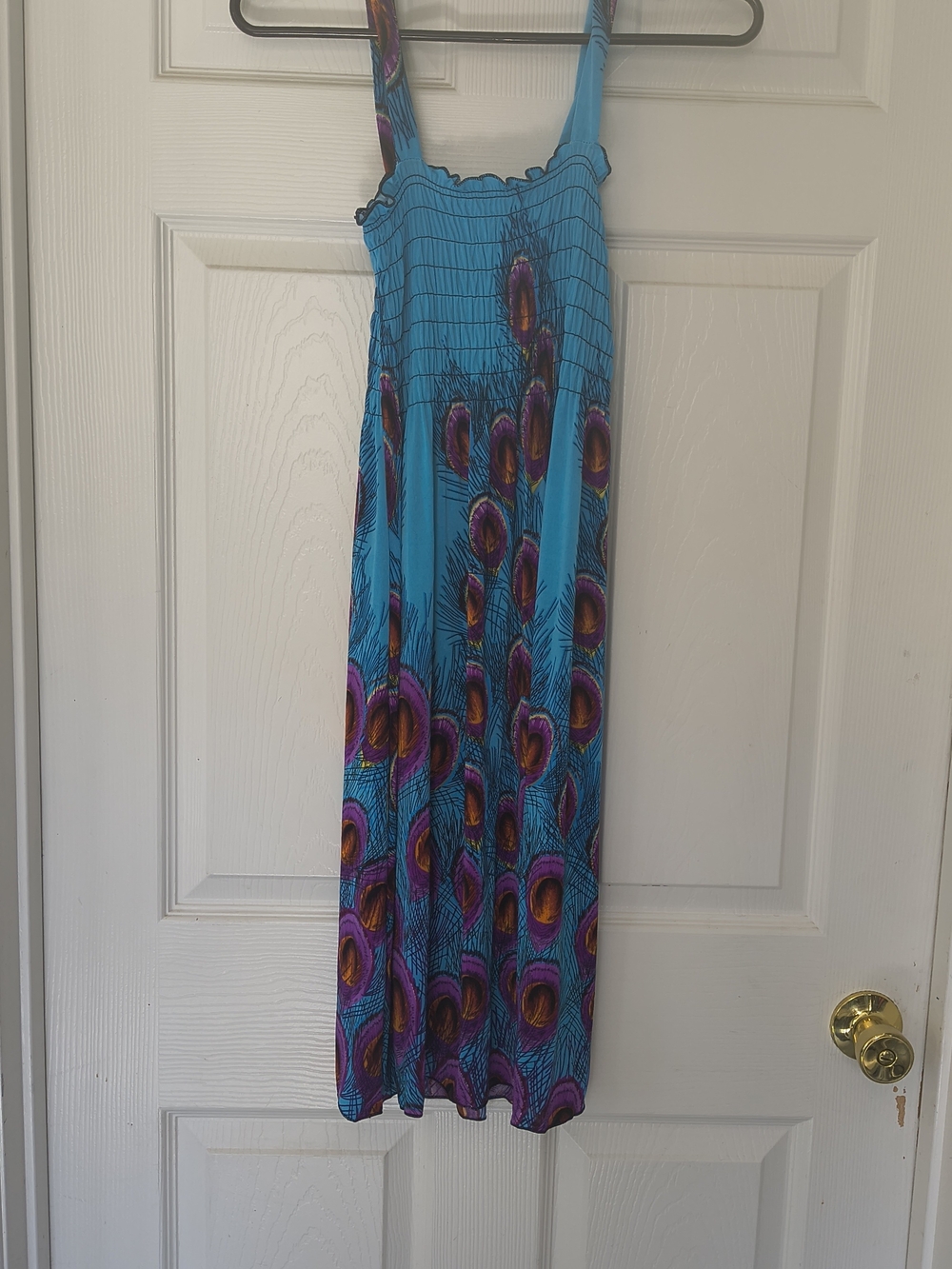 Turquoise Peacock-Print Maxi Dress with Smocked Bodice